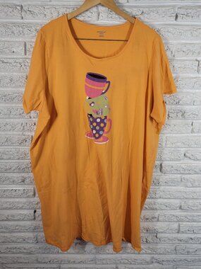 Dreams Co Womens 1X 2X  Pajama Top Orange Cotton Coffee Cup Short Sleeve ORA32E